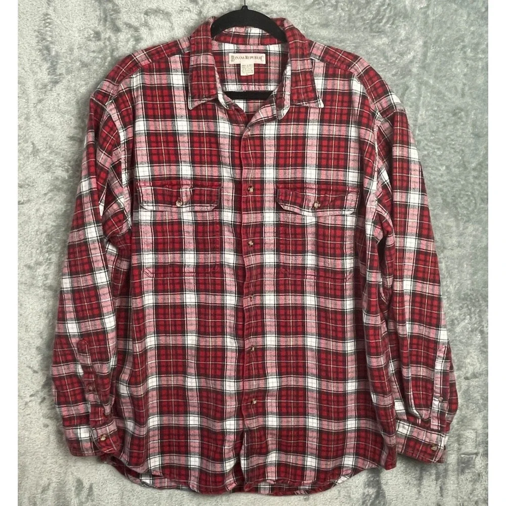 Banana‎ Republic Shirt Mens XL Red Plaid Button Up Long Sleeve Flannel Vintage